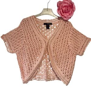 Denim 24/7 Pink fairycore preppy Crochet Shrug Bolero Sweater 1X 55% ramie NWOT
